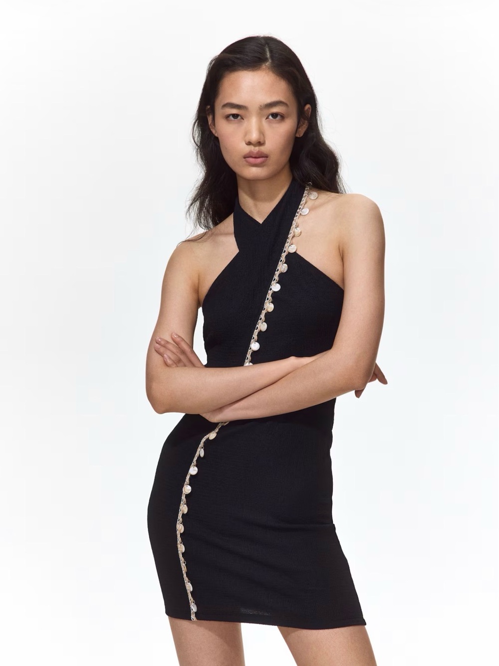 H&M Black Halter Mini Dress with Pearl-Trim Detail